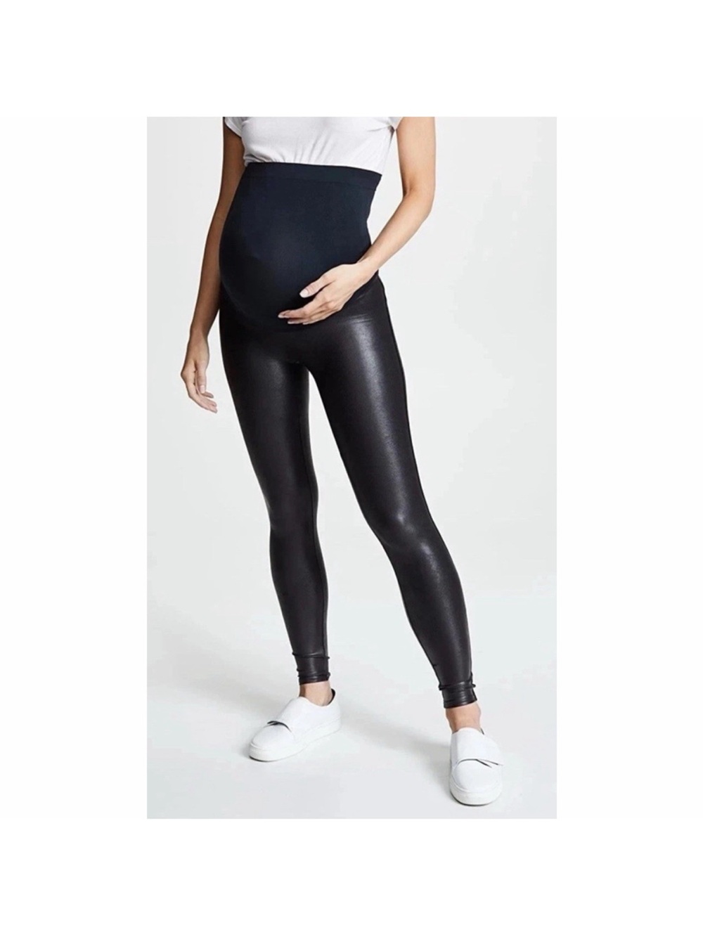 Spanx Maternity Mama Pants Leggings Womens 1X Black Faux Leather Full Belly New